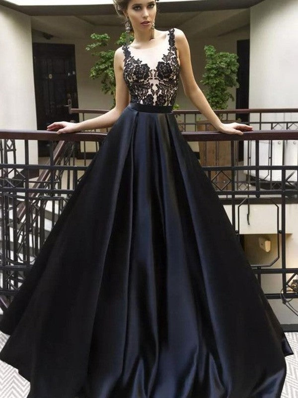 A-Line Sleeveless Lace Appliques Top Long Black Prom Dresses, PD0695