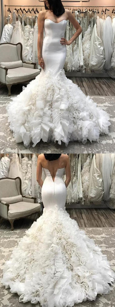 Popular Mermaid Sleeveless Sweetheart V back Wedding Dresses With Ruffles, WD0391