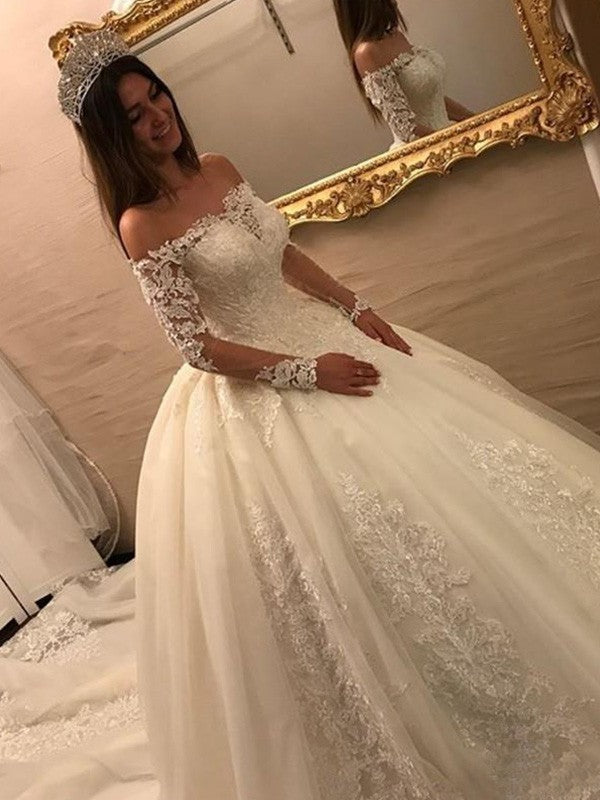 Lace Off-the-Shoulder Long Sleeves Bridal Gowns Wedding Dresses With Train, WD0392