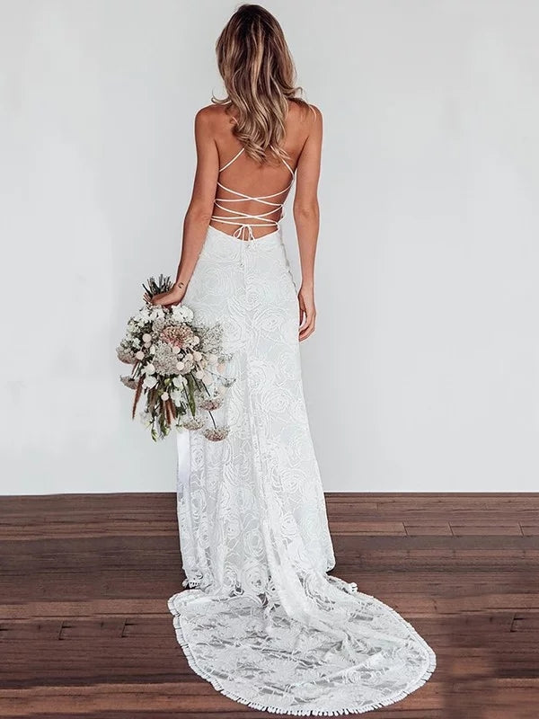 Sheath V-neck Lace up Back Sexy Wedding Dresses With Train, WD0454