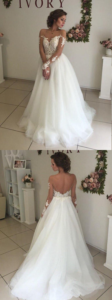 A-line Lace Appliques Top Backless Long Sleeves Tulle Wedding Dresses, WD0396