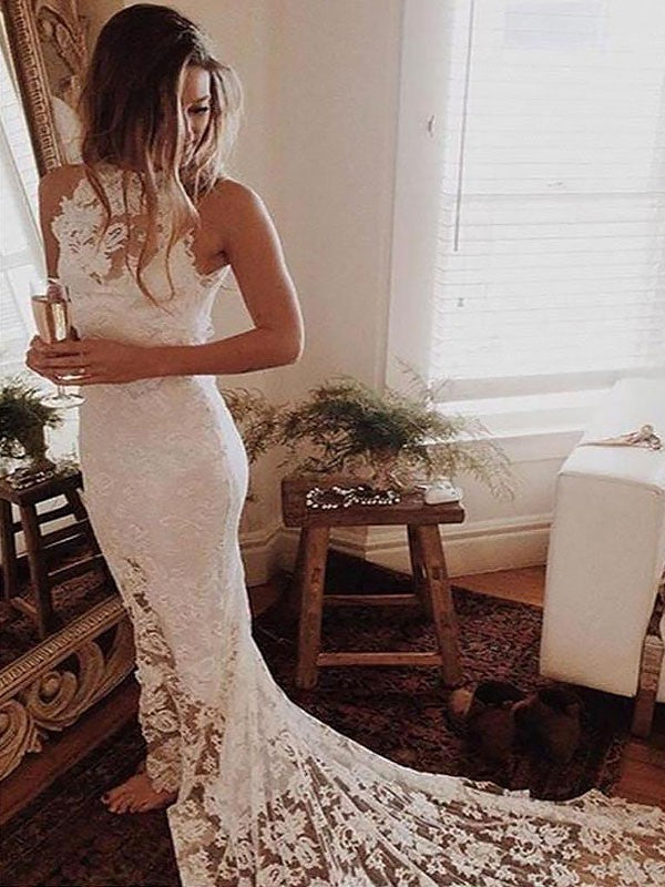 Popular Halter Mermaid Simple Sleeveless Lace Wedding Dresses, WD0402
