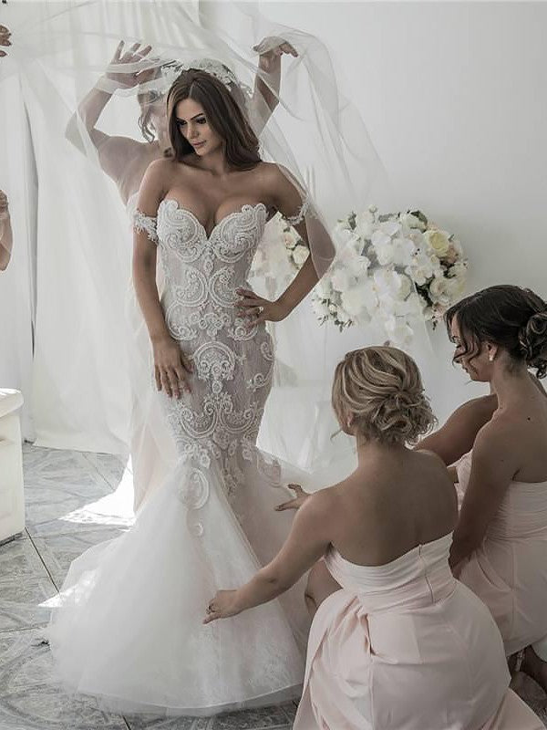 Newest Mermaid Off-the-shoulder Lace Backless Wedding Dresses With Train, WD0404