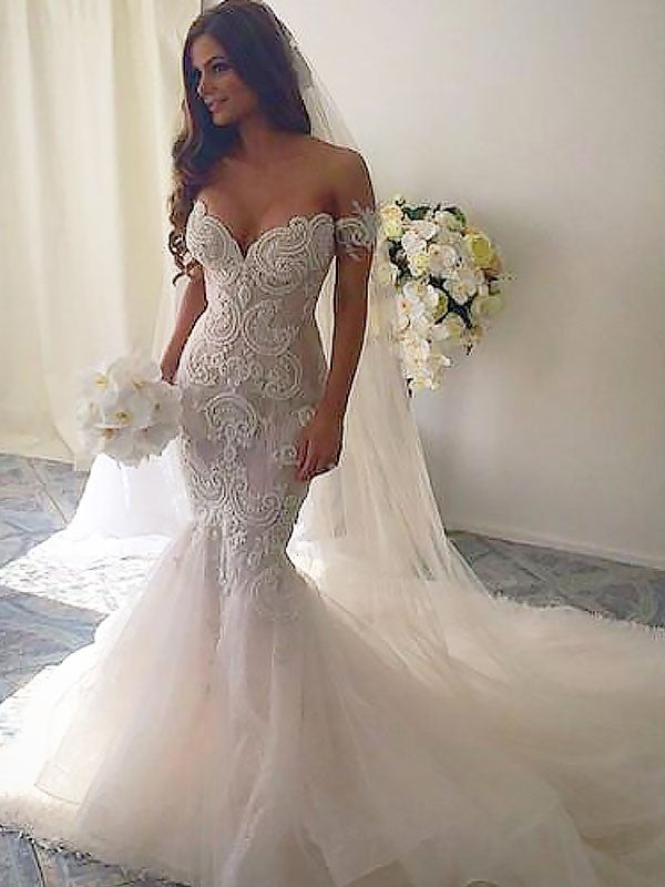 Newest Mermaid Off-the-shoulder Lace Backless Wedding Dresses With Train, WD0404