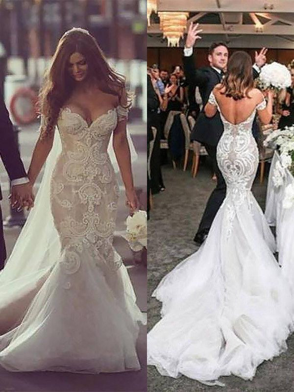 Newest Mermaid Off-the-shoulder Lace Backless Wedding Dresses With Train, WD0404