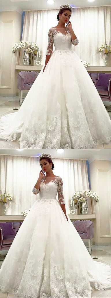 Amazing 3/4 Sleeves Lace Bateau Neck Ball gown, Wedding Dresses With Train, WD0407