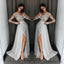 Popular A-line Long Sleeves V-Neck Lace Evening Dresses, High Slit chiffon long Prom Dress, PD0507