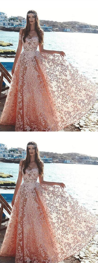 A-line Off-shoulder Lace Princess Long Tulle Prom Dresses, PD0741