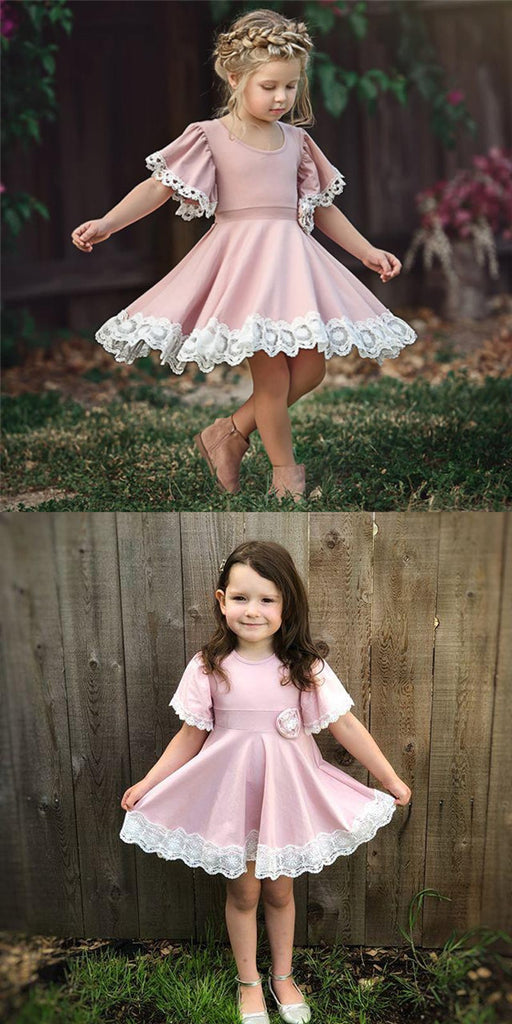 Newest Round Neck Short Sleeves Lace Pink Flower Girl Dresses, FG0130