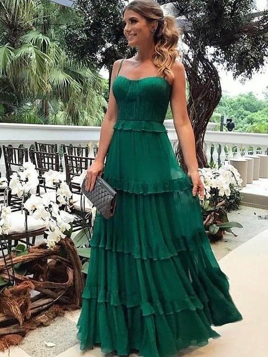 Spaghetti Straps Floor-length Green Chiffon Prom Dress, PD0722