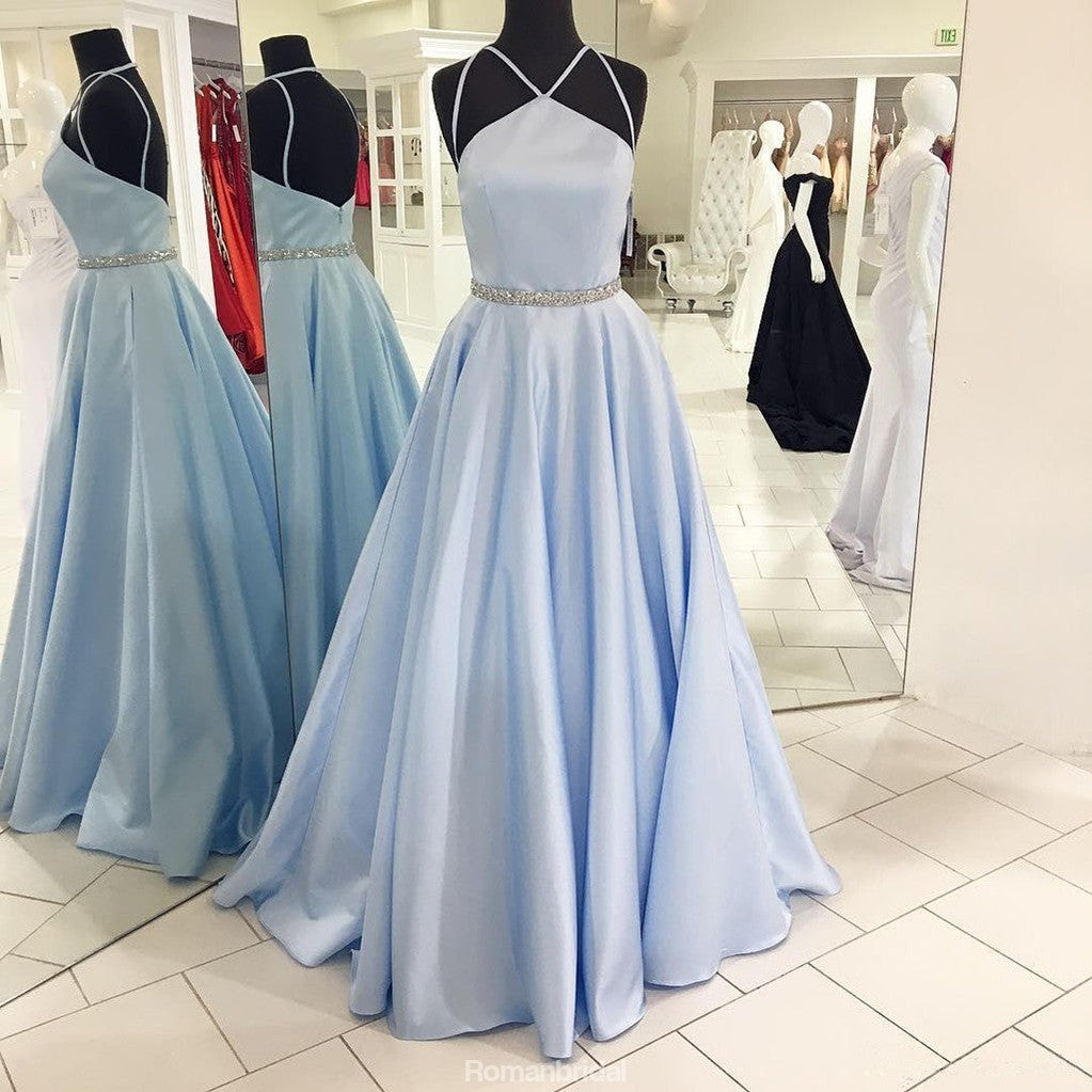 New Arrival A-line Spaghetti Straps Backless Light Blue Prom Dresses, PD0567