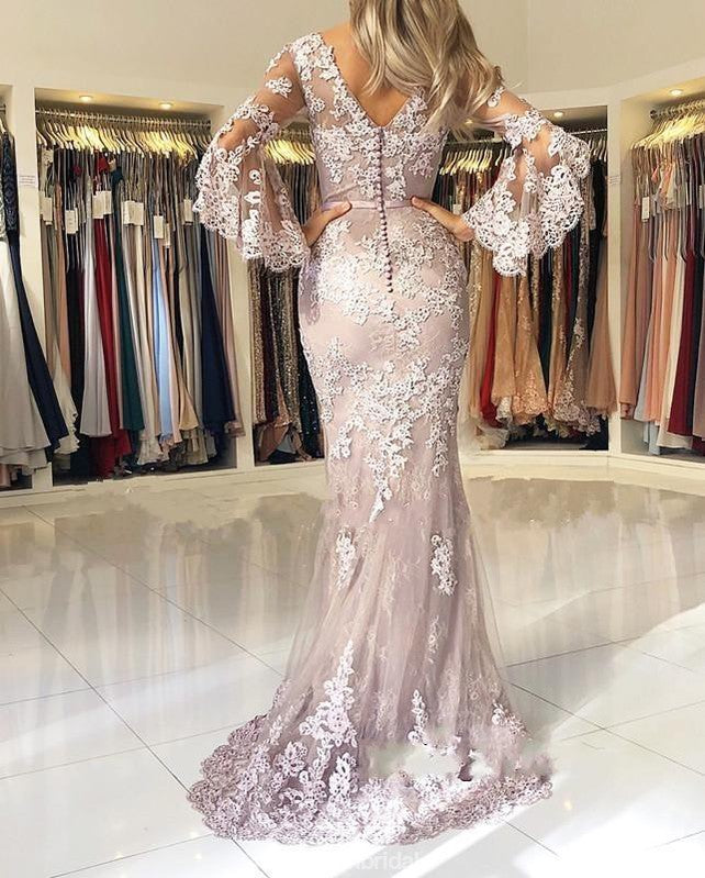 Mermaid V-neck Half Sleeves Lace Long Prom Dress, PD0626