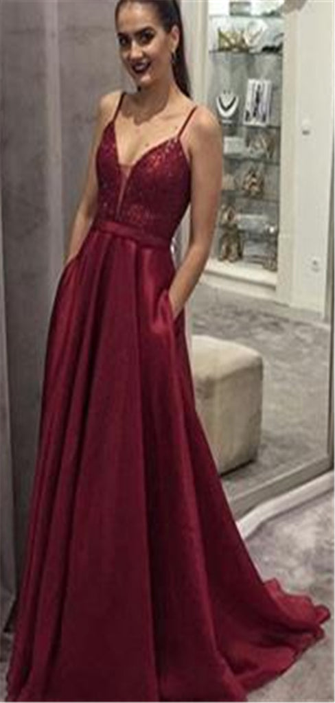Spaghetti Straps V-neck Dark Red Lace Top Prom Dress, PD0726