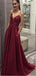 Spaghetti Straps V-neck Dark Red Lace Top Prom Dress, PD0726