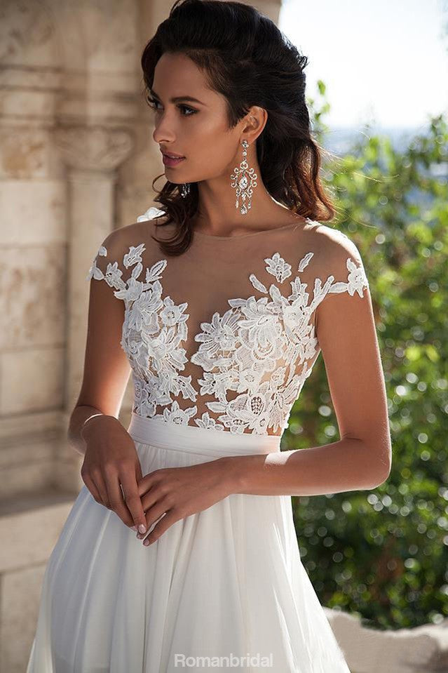 A-Line Sexy Modern Simple Chiffon Cap Sleeves High Slits Long Wedding Dress, WD0378