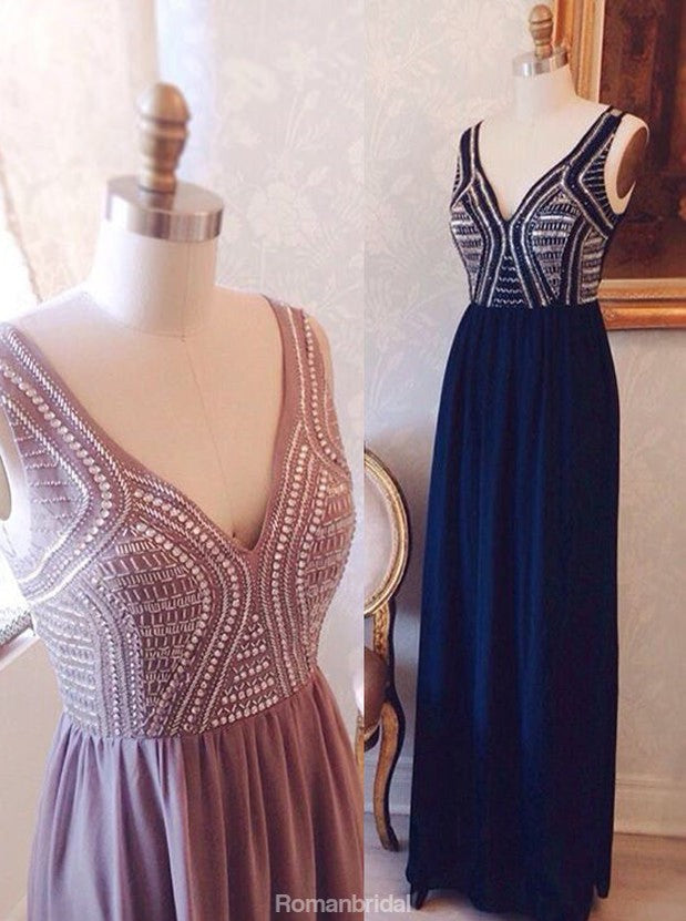 Hot selling A Line V Neck  Floor-length chiffon Beading Long Sexy Prom Dress, PD0519
