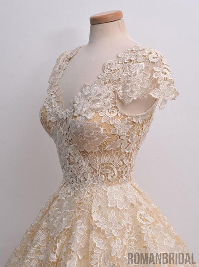 New Hot Sale V-neck Lace Cap Sleeves short Prom Dress, Elegant homecoming dresses, HD0323