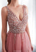 A-line V-neck Lace-up Back Long Tulle Prom Dresses With Split, PD0691