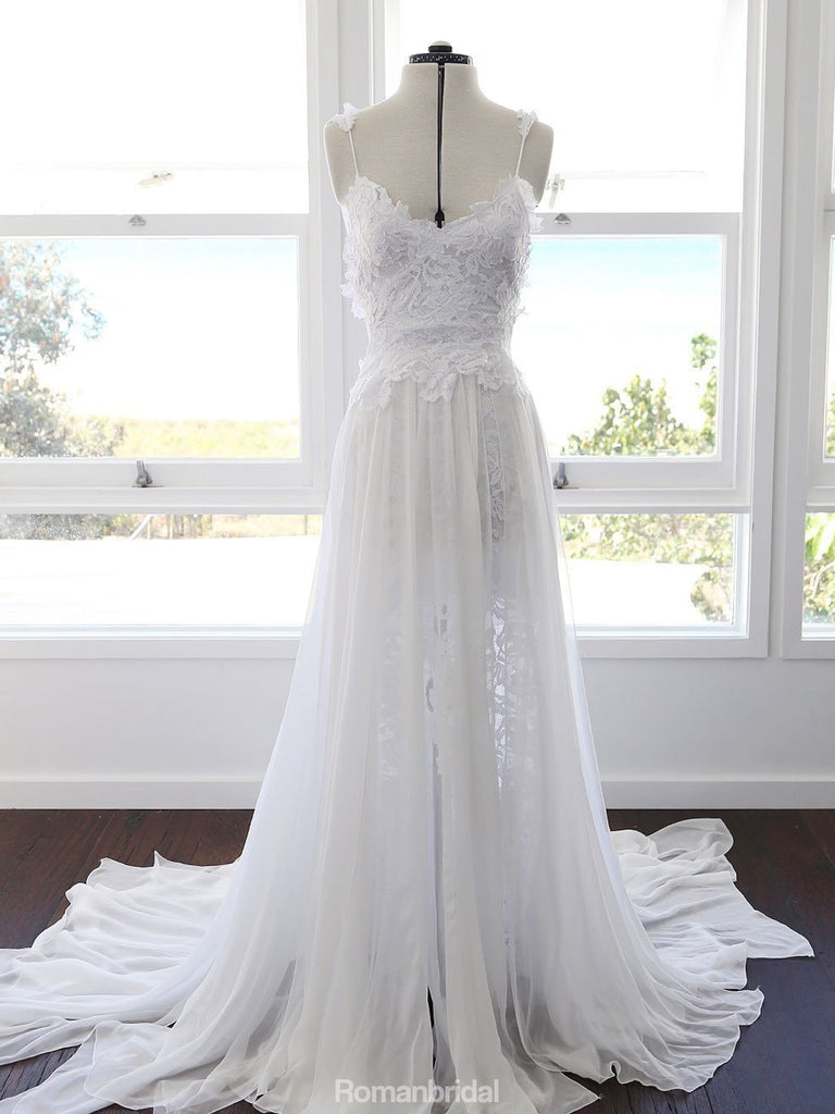 A-line Spaghetti Strap White Lace Chiffon Backless Wedding Bridal Dresses, WD0417