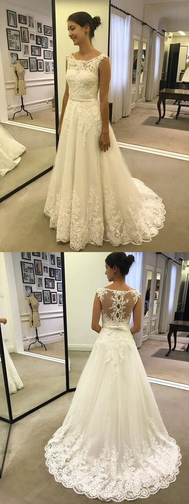 Cheap Ivory Long Lace A-line Modest Beach Wedding Dresses With Belt, WD0424