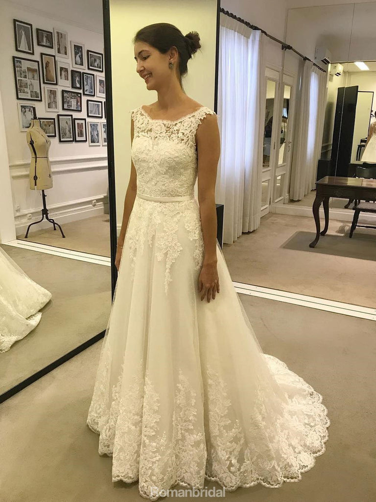 Cheap Ivory Long Lace A-line Modest Beach Wedding Dresses With Belt, WD0424