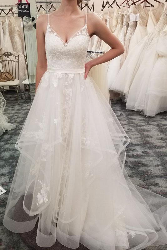 Spaghetti Straps Lace Appliques Organza Cheap Wedding Dresses, WD0425
