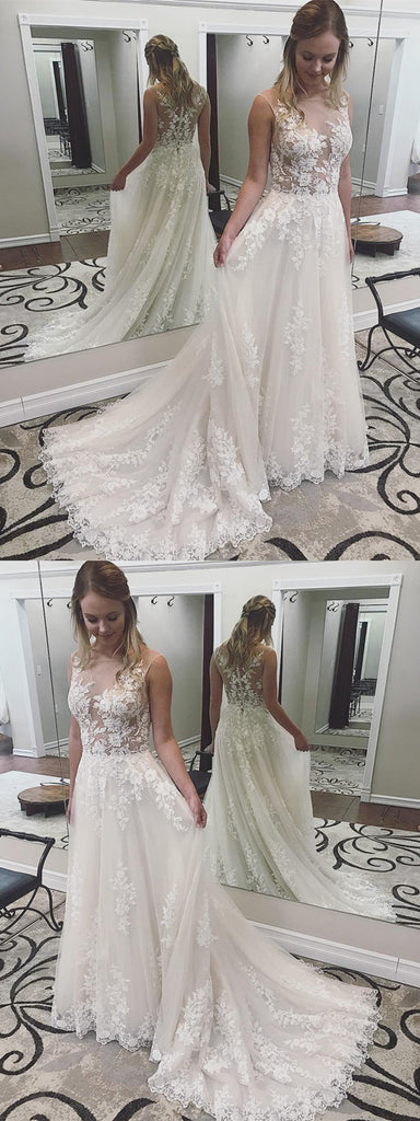 New Arrival Lace See Through Applique Wedding Dresses With Train, WD0426