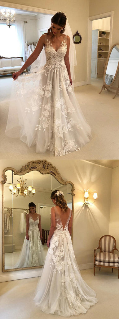 Hot Selling Lace Appliques Beach V-neck Backless Wedding Dress, WD0427
