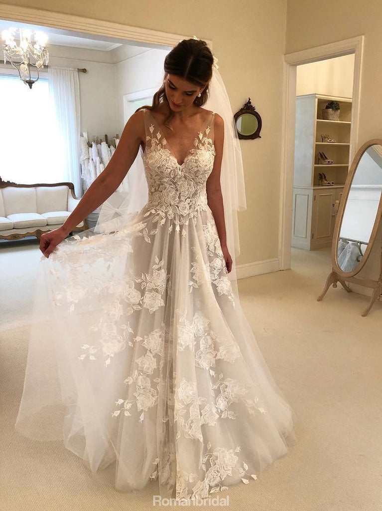 Hot Selling Lace Appliques Beach V-neck Backless Wedding Dress, WD0427