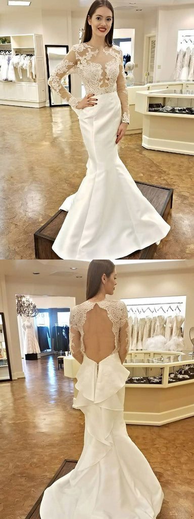 Unique Long Sleeves Lace Mermaid Open Back Fitted Wedding Dresses, WD0429