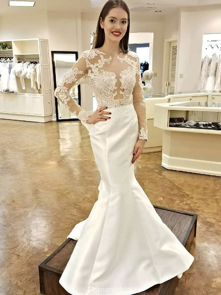 Unique Long Sleeves Lace Mermaid Open Back Fitted Wedding Dresses, WD0429