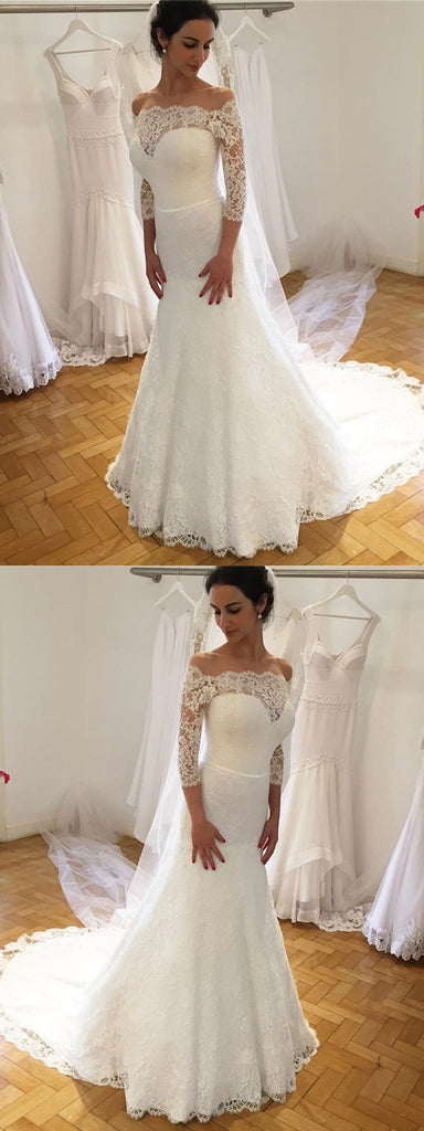 Off-shoulder Sheath 3/4 Sleeves Lace Wedding Dresses With Sweep Train, WD0431