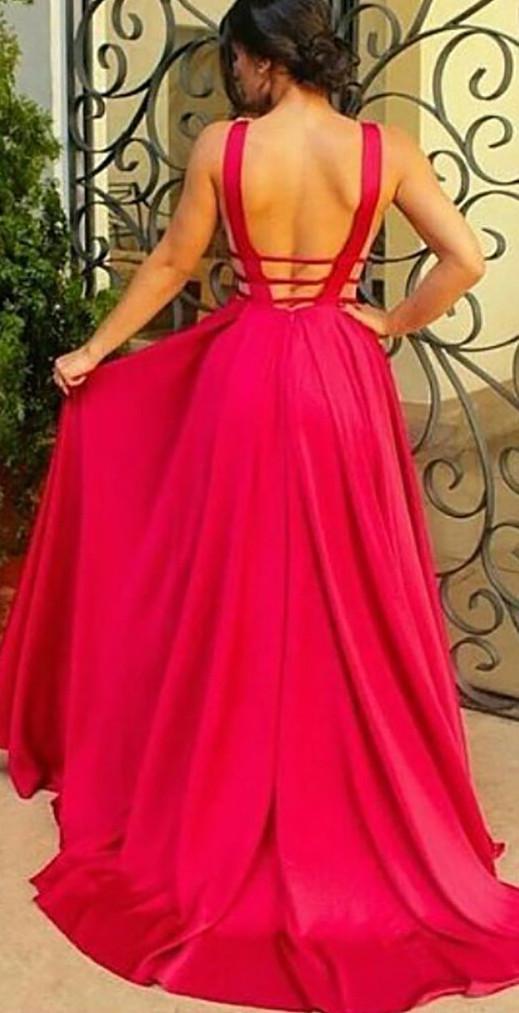 Sexy Floor-length A-Line Backless Deep V-Neck open-back formal dress, long prom dresses,  PD0101