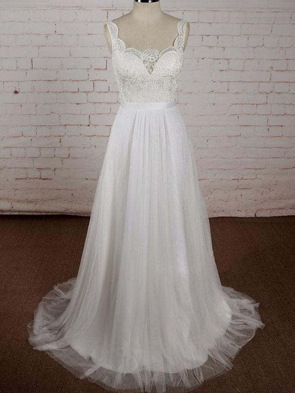 A-line V-neck Lace Top Tulle Skirt Sleeveless Simple Cheap Wedding Dress, WD0373