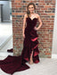 Sweetheart Strapless Burgundy Velvet Long Prom Dresses With Ruffles, PD0769