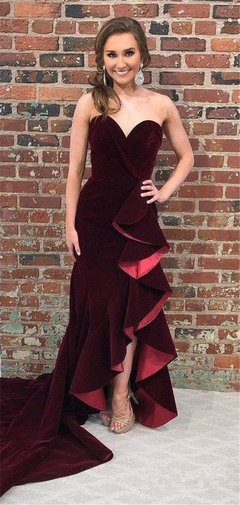 Sweetheart Strapless Burgundy Velvet Long Prom Dresses With Ruffles, PD0769