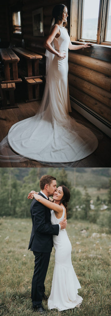 Mermaid Sleeveless Bateau Neck Backless Long Wedding Dresses, WD0440