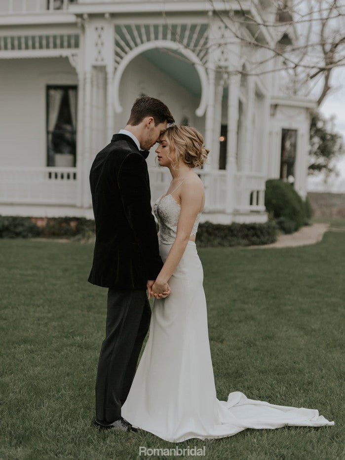 Spaghetti Straps V-neck Lace Top Cheap Wedding Dresses With Train, WD0437