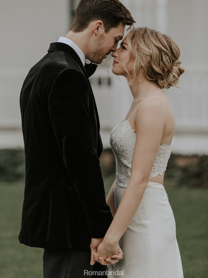 Spaghetti Straps V-neck Lace Top Cheap Wedding Dresses With Train, WD0437