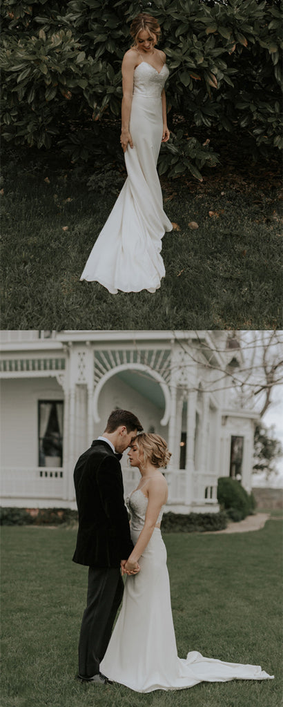 Spaghetti Straps V-neck Lace Top Cheap Wedding Dresses With Train, WD0437