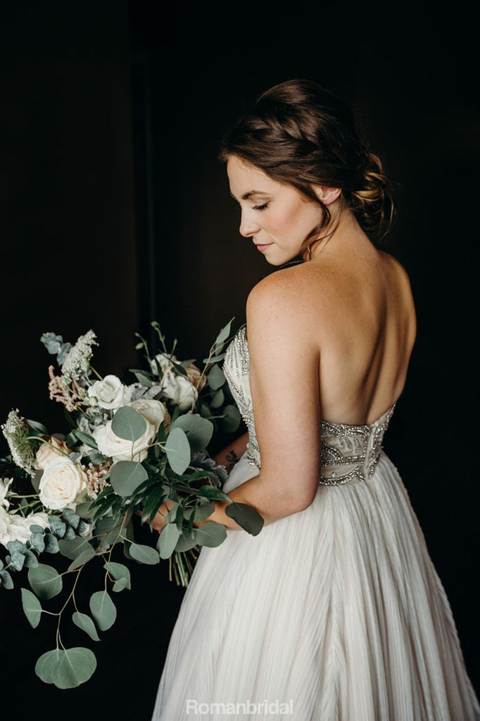 Sweetheart Beading Top Long Backless Chiffon Wedding Dresses, WD0434