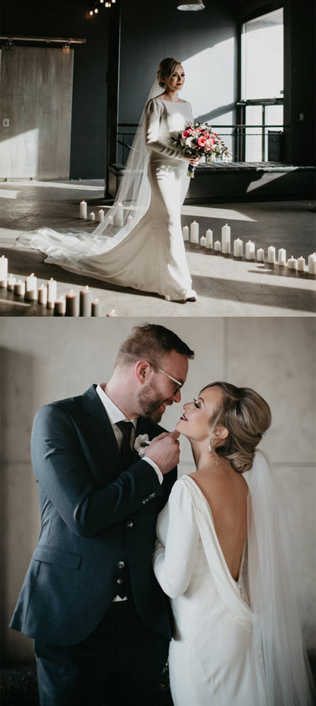 Simple Elegant Long Sleeves Backless Wedding Dresses With Train, WD0438
