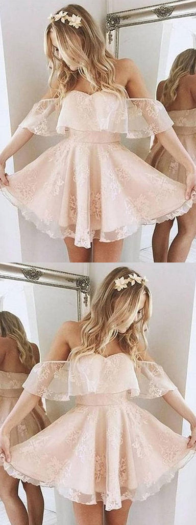 A-Line Off-Shoulder Pearl Pink Lace Tulle Short Homecoming Dresses with Ruffles, HD0382