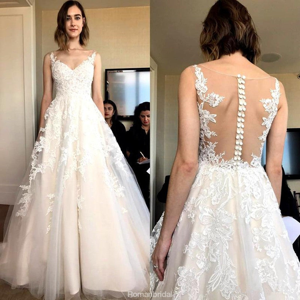 New Arrival Floor-length Lace applique sleeveless tulle backless wedding dresses, WD0342