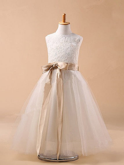 Round Neck Sleeveless Lace Top Tulle Flower Girl Dresses With Bow, FG0134
