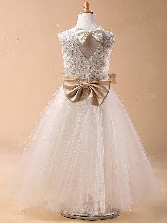 Round Neck Sleeveless Lace Top Tulle Flower Girl Dresses With Bow, FG0134
