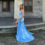 Elegant Spaghetti Straps Mermaid Sleeveless Side Slit Blue Satin Bridesmaid Dresses Online, BG462