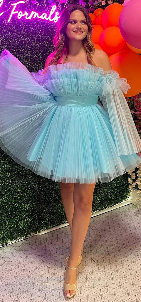 Elegant A-line Tulle Light Blue Short Homecoming Dresses Online, HD0776