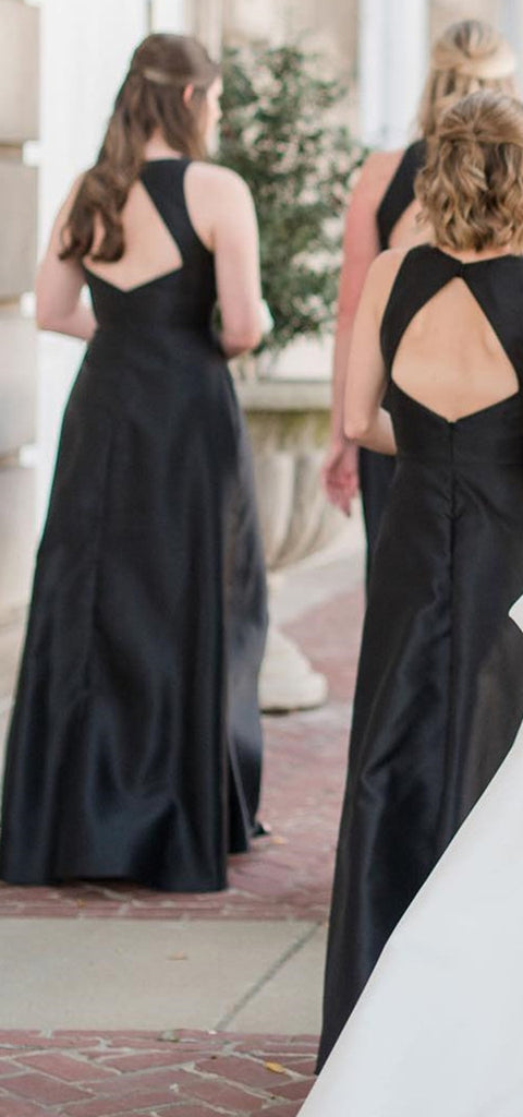 Elegant Halter A-line Sleeveless Satin Black Bridesmaid Dresses Online, BG787