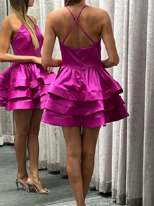 Elegant Spaghetti Straps V-neck A-line Satin Short Homecoming Dresses Online, HD0726